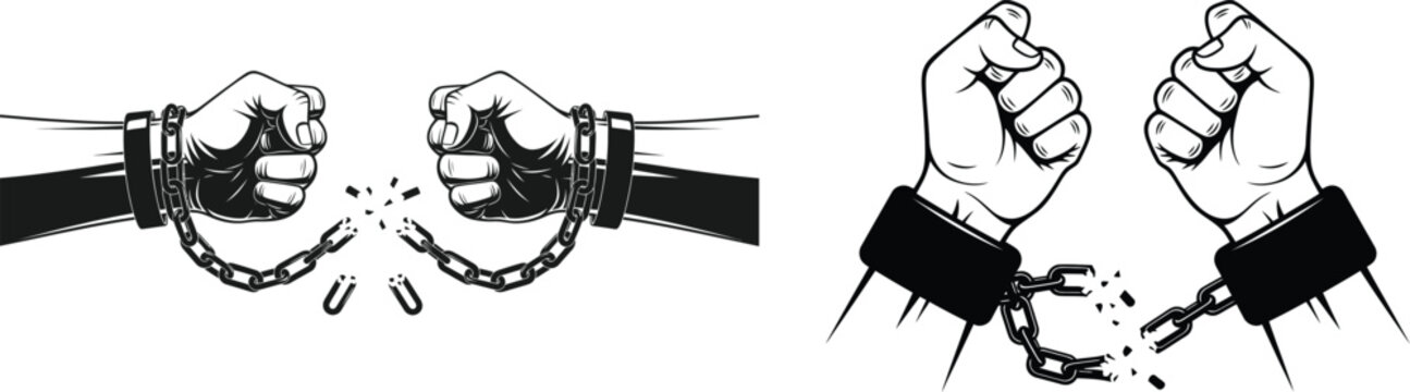 Breaking free dynamic illustration of hands shattering shackles and chains symbolizing liberation and empowerment