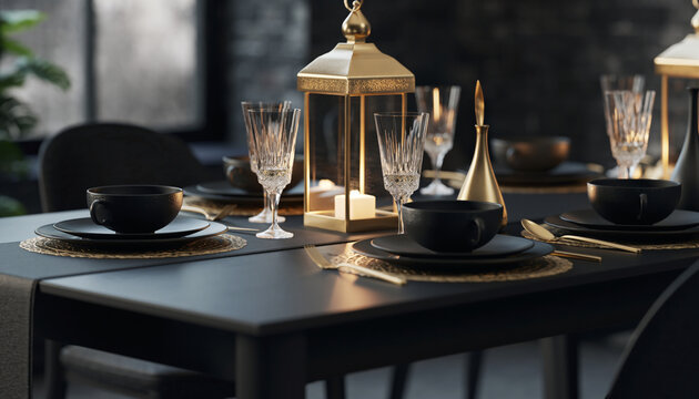 Formal dinner setup on a modern table with elegant decorations and glassware
