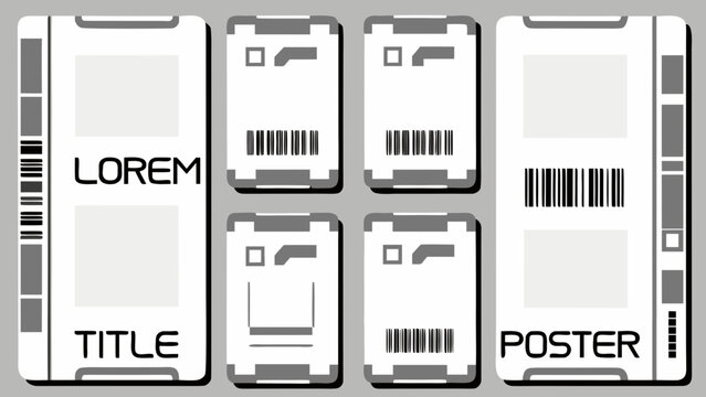 Six vertical poster designs with barcode and text placeholders arranged in a grid on a gray background posters design rectangle rectangular