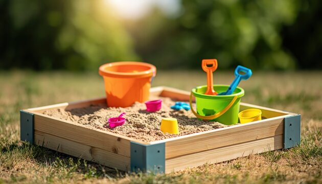 Sandbox filled with sand and toys for children's play in sunny backyard sandpit garden summer