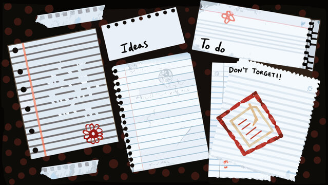 Collection of handwritten note scraps with spiral bindings and scribbles against a polka dot background notes paper lined notebook binding doodles