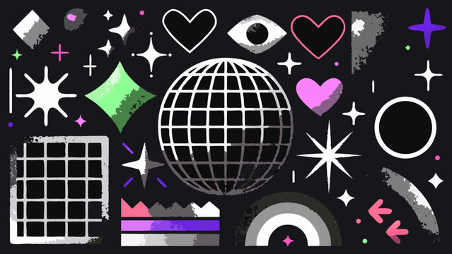 Assorted y2k inspired graphic elements including a disco ball hearts stars and geometric shapes in a vector illustration acid graphics aesthetic