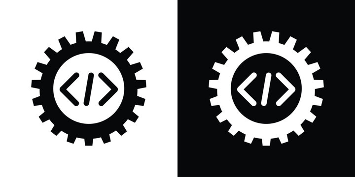 Software engineering icon featuring code brackets inside a mechanical gear, shown in black and white styles.