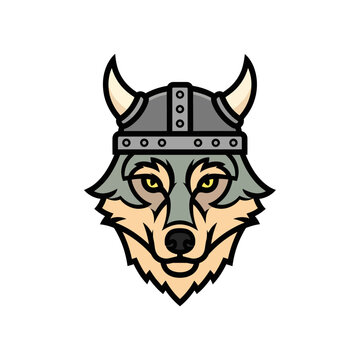 Fierce wolf head wearing a viking horned helmet mascot logo