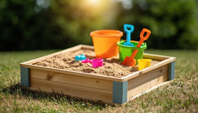 Sandbox for kids play with toys in sunny garden, outdoor childhood sand fun