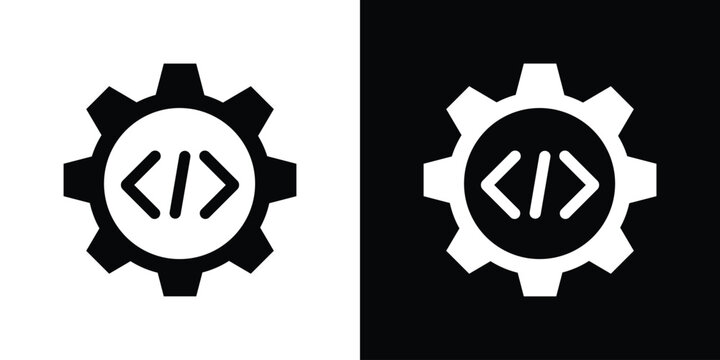 Software engineering icon featuring code brackets inside a mechanical gear, shown in black and white styles.