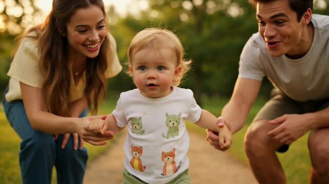 Happy parents helping their baby learn to walk outdoors, celebrating first steps and family bonding.