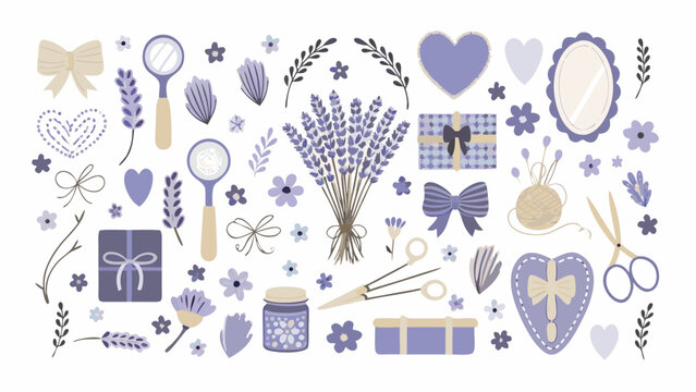 Lavender collection illustration features various purple toned items including flowers gifts and cosmetic tools floral arrangement design sprig bloom gift box