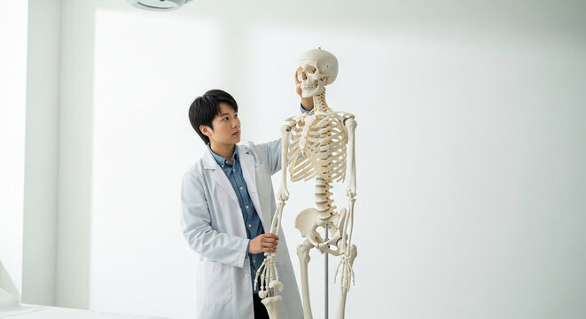 Asian male doctor or student pointing at human skeleton model in medical office or classroom