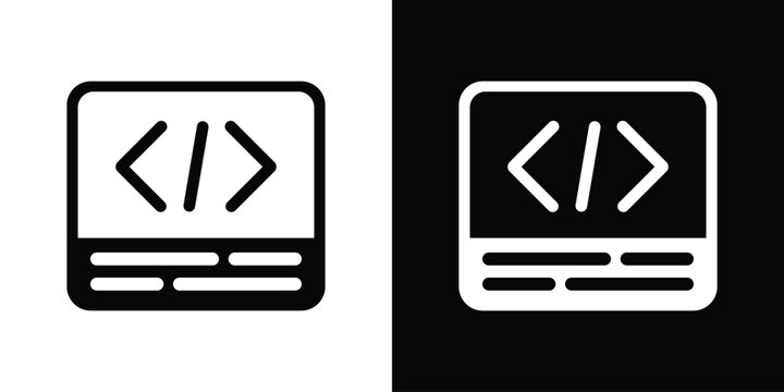 Web development browser window icon featuring programming brackets, provided in flat black and white vectors.