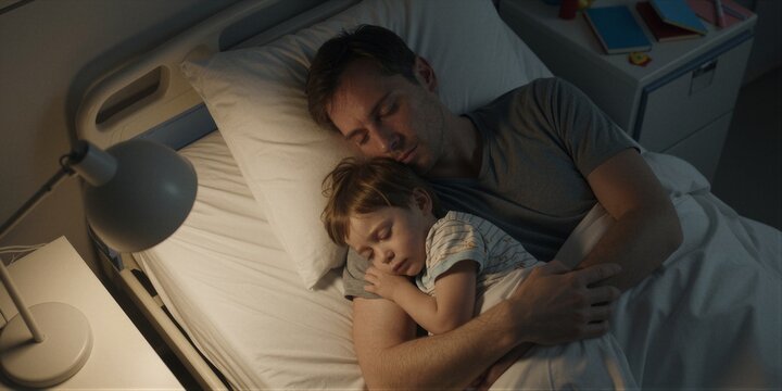A father tenderly cradles his sleeping child in a hospital bed surrounded by beeping machines and sterile white walls, their quiet intimacy a respite from the bustling medical