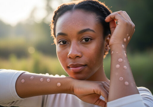 Woman with vitiligo patches on her arms and hands outdoors