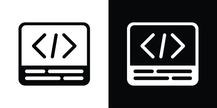 Web development browser window icon featuring programming brackets, provided in flat black and white vectors.