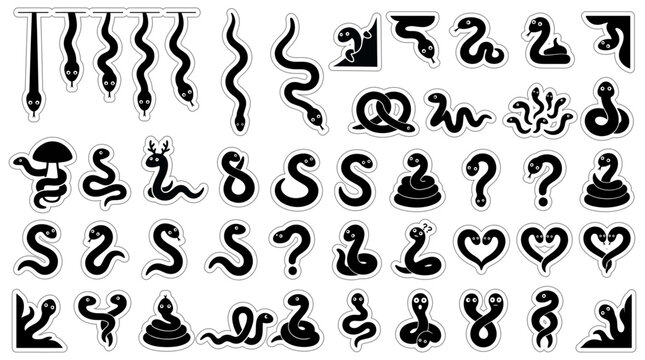 Minimalist Funny Snake Silhouette Sticker Sheet Flat Vector