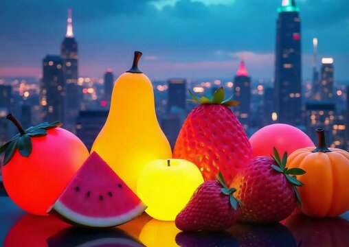 Glowing fruit-shaped lamps arranged on a reflective surface with a blurred city skyline in the background at twilight