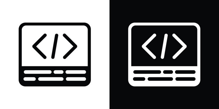 Web development browser window icon featuring programming brackets, provided in flat black and white vectors.