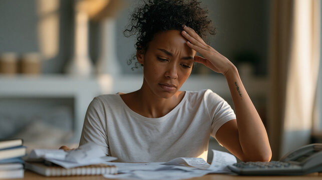 Stressed Black woman surrounded by small business receipts, a spiral notebook, and an adding machine on a wood-grain desk, sole proprietor tax preparation, small business accounting, self-employment