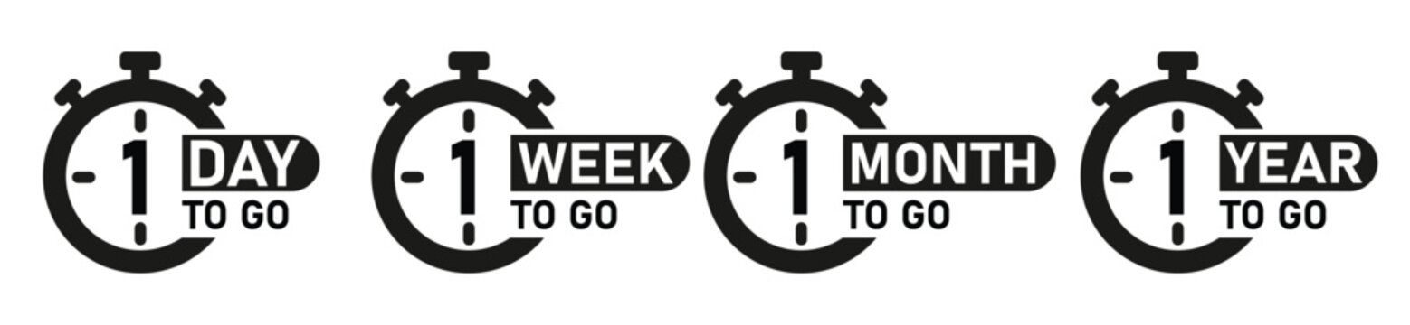 Set of four black countdown timer icons displaying one day one week one month and one year remaining to go concept