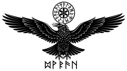 Obraz premium Norse Raven with Runes and Vegvisir Symbol Vector Graphic