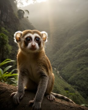 A fawn pygmy slow loris  fantasy animal, fictional species in an eerie valley
