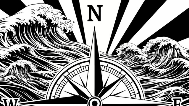 Nautical Compass and Rough Ocean Waves Black and White Illustration