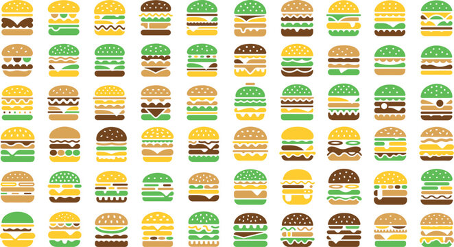 Collection of colorful hamburger icons on white background for food illustration