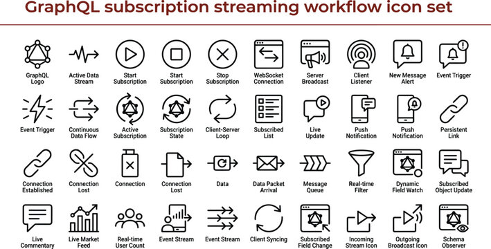 Modern GraphQL subscription streaming workflow icon set with outline style for real time API communication interfaces