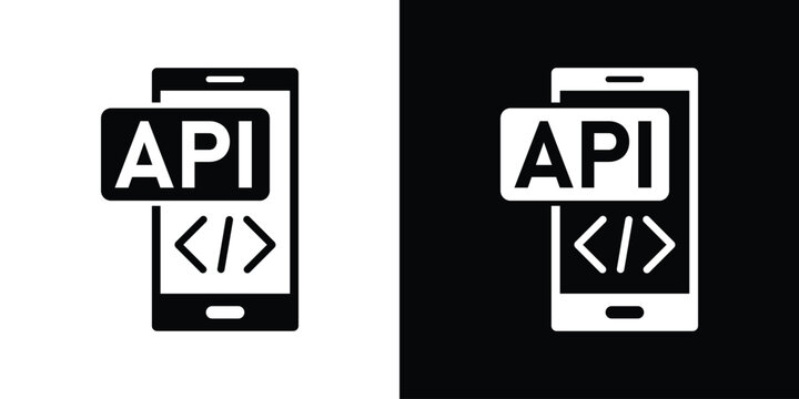 Mobile application API development icon featuring a smartphone with code brackets, in solid black and white styles.