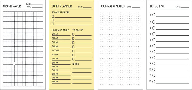 Daily planner template set with graph paper hourly schedule priorities journal notes and to do list vector layouts for printable productivity notebooks and bullet journals