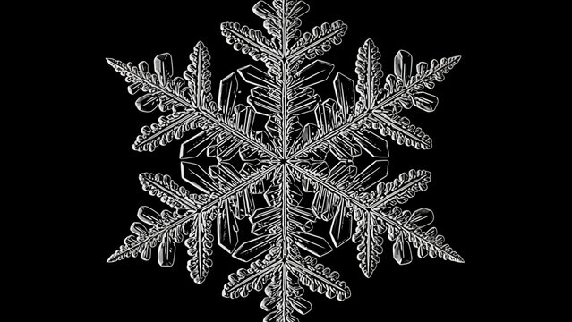 Intricate White Snowflake Crystal Macro on Solid Black Background