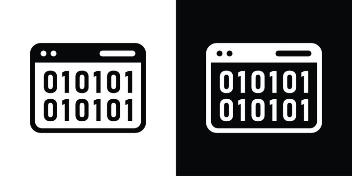 Web browser interface displaying binary numbers code strings, shown in minimalist black and white vector graphics.
