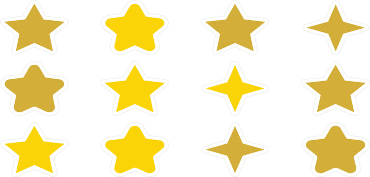 Golden yellow star icon set with various shapes rounded corners and sparkling symbols vector elements for customer product review rating rating labels and badges