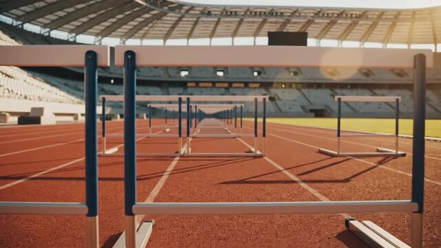 Indoor athletic track with hurdles.