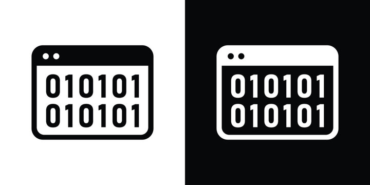 Web browser interface displaying binary numbers code strings, shown in minimalist black and white vector graphics.