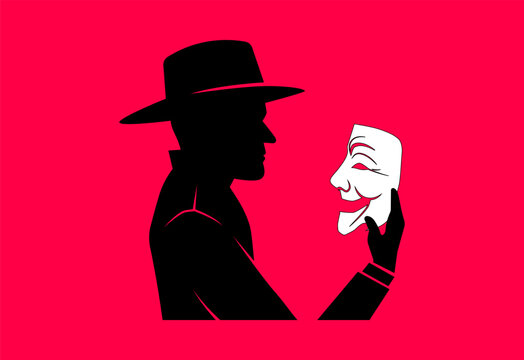Spy or detective silhouette holding a theatrical mask on red background, mystery man vector illustration, concept of secret identity, deception, and hypocrisy