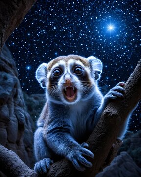 A glow blue star touched pygmy slow loris  fantasy animal, fictional species in a cosmic canyon