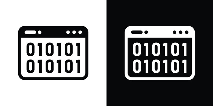 Web browser interface displaying binary numbers code strings, shown in minimalist black and white vector graphics.