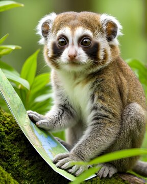 A green toned pygmy slow loris fantasy animal, fictional species  in a spring bloom plateau