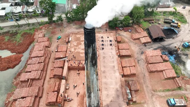 Aerial view of brickyard factory causing air pollution
