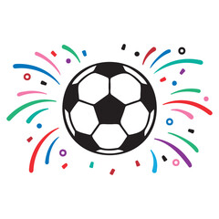 Naklejka premium Vibrant soccer ball graphic with colorful confetti and abstract shapes on white background
