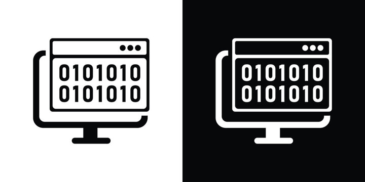 computer displaying a web window with binary data lines, featured in solid black and white icon styles.