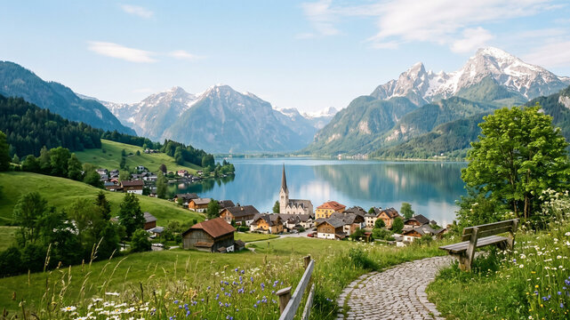 Scenic Alpine Village Nestled by a Serene Lake with Majestic Mountains in the Background
