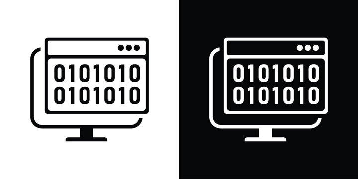 computer displaying a web window with binary data lines, featured in solid black and white icon styles.