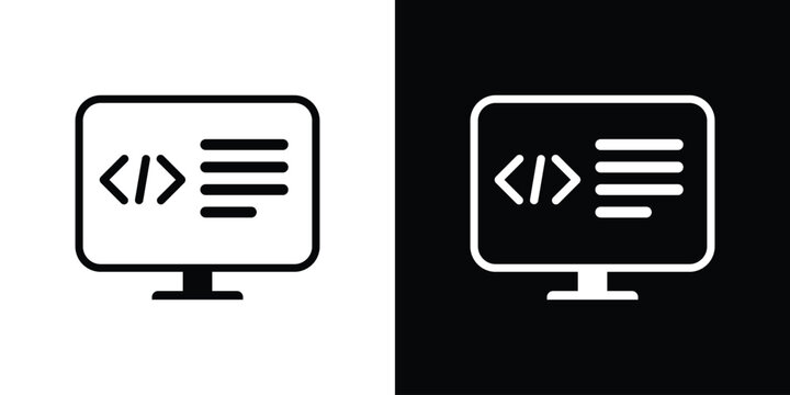 Computer monitor showing programming code brackets and text lines, presented in flat black and white outline vector variations.