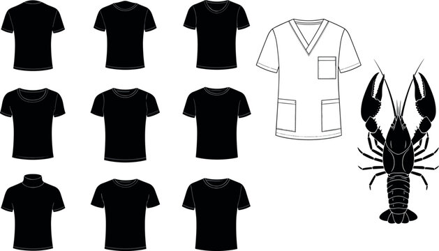 Blank T Shirt Mockup Silhouette Set with Medical Scrub Uniform Top and Black Lobster Crawfish Graphic Elements for Custom Apparel Printing Designs