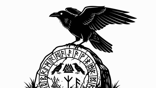 Viking Raven Perched on Ancient Runestone with Nordic Symbols