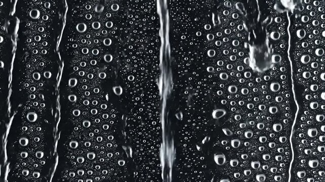 Closeup of water droplets forming on a dark surface with a stream of water flowing down.