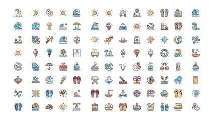 Summer Icons Collection: A vibrant collection of flat design icons representing various summer activities, travel destinations, and seasonal elements, perfect for web design and vacation themes. © Maira