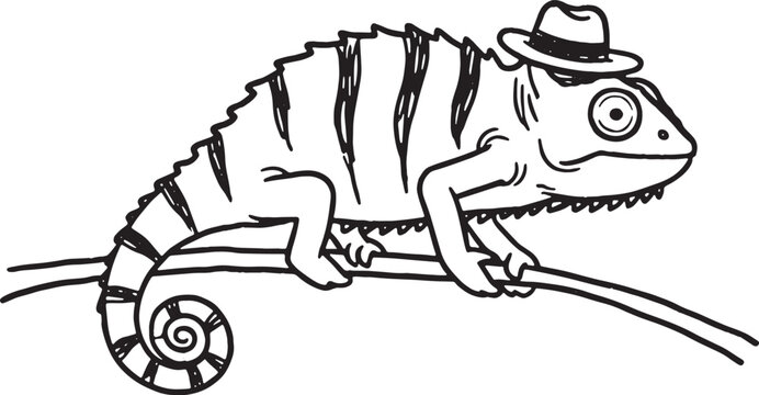 Whimsical cartoon chameleon wearing a fedora hat perched on a branch isolated on transparent background
