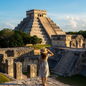 Woman in front of Chichen Itza pyramid, ancient Mayan architecture.